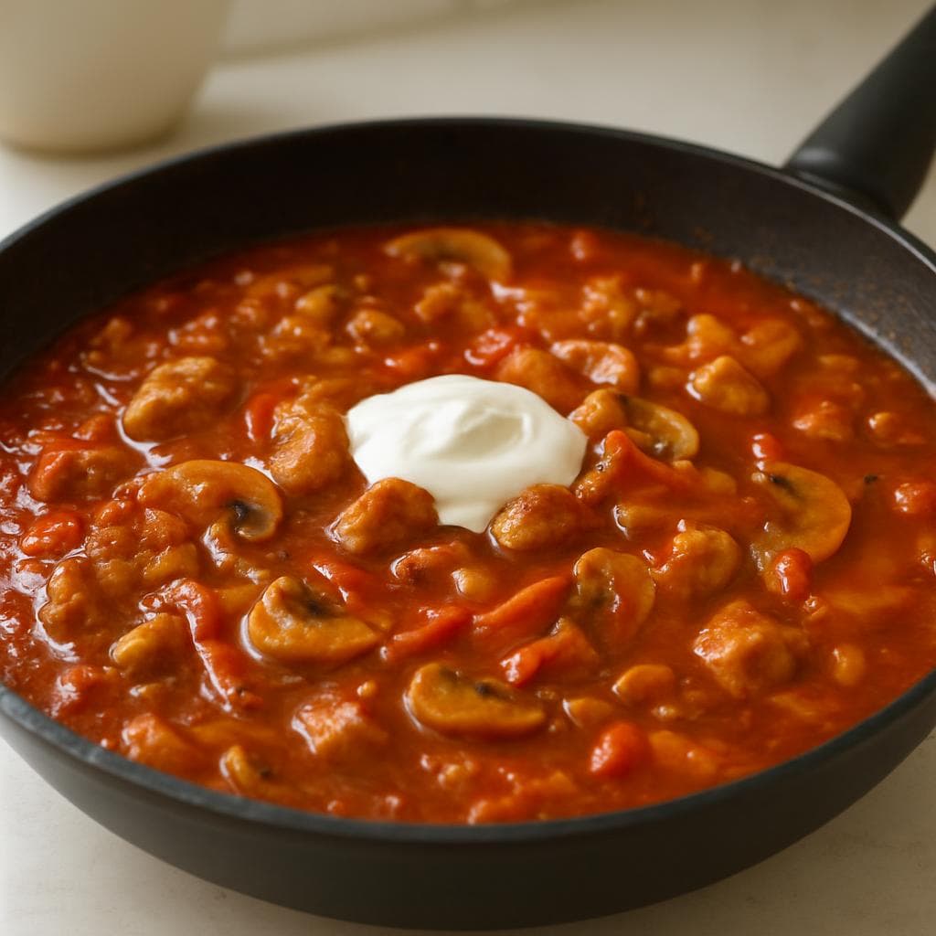 Индейка с грибами в томатной сковороде: шаг 4